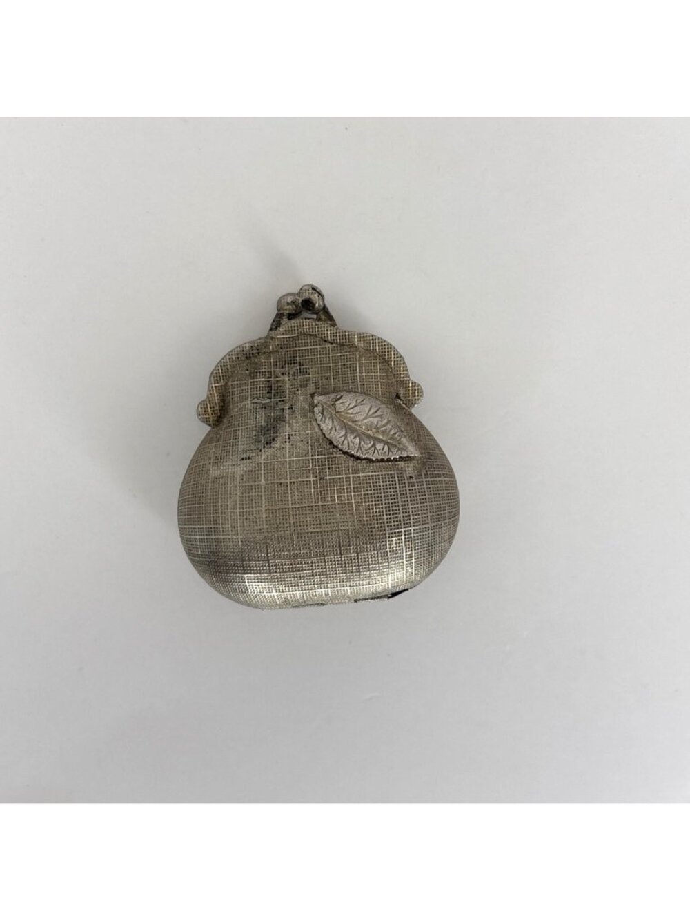 Vintage Miniature Brushed Silver Tone Coin Purse Pill Box Pearl Shape with Leaf